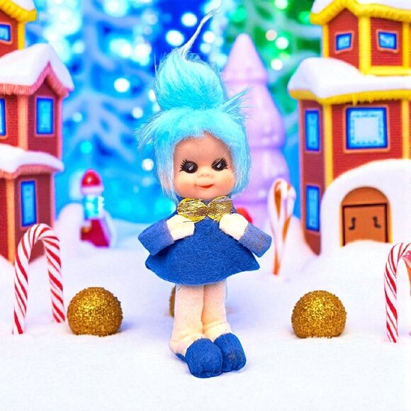 Vintage 1960s Blue Hair Pixie Elf Ornament Made in Japan Retro Christmas v1 - Picture 1 of 10